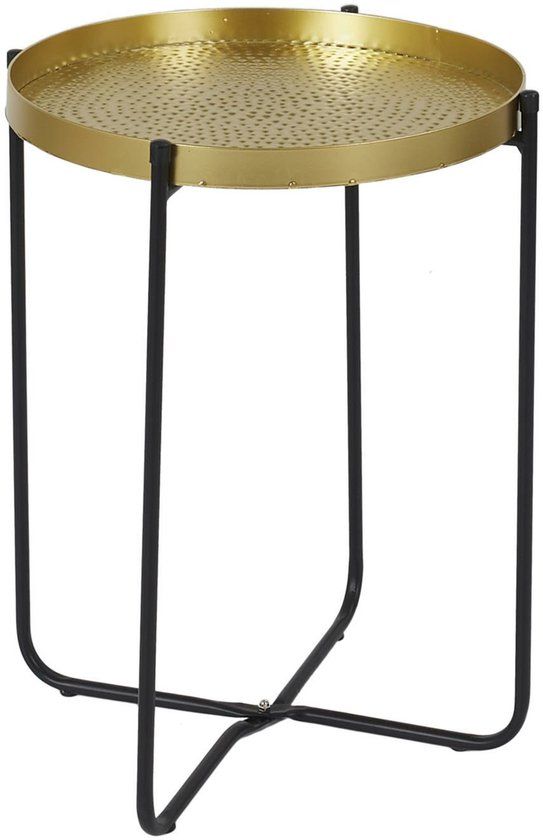 HOME DECO FACTORY Bijzettafel - goudkleurig met zwart - metaal - D35 cm - plantverhoger - buiten en binnen