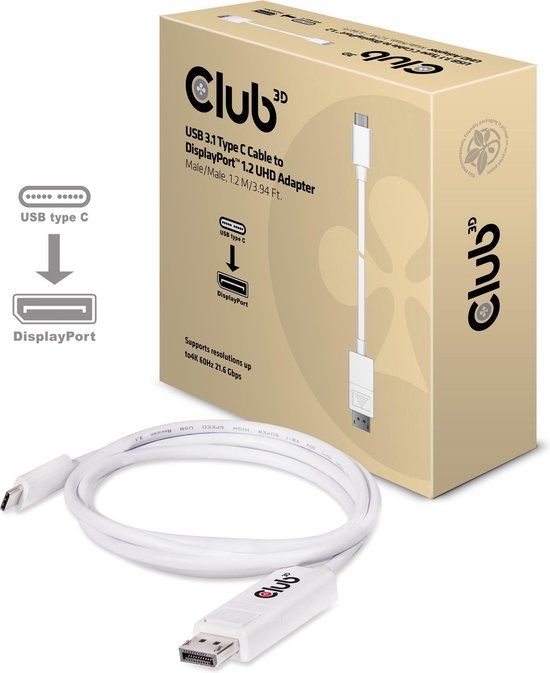 Club3D USB Type C naar DisplayPort 1.2a Kabel - 1.2m - Wit