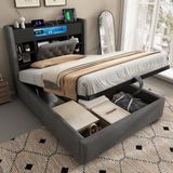 MODFU Gestoffeerd Bed - Met Opbergruimte En LED - Retro - Voor Slaapkamer - Linnen En Metaal - Grijs - 90 x 200 cm