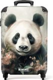 NoBoringSuitcases.com Handbagage koffer lichtgewicht - Reiskoffer trolley - Zwart-witte panda verstopt achter roze bloemen - Rolkoffer met wieltjes - Past binnen 55x40x20 en 55x35x25