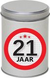 Merkloos Cadeau Snoepblik - 21 jaar verjaardag - 9 x 13 cm - Cadeauverpakking- metaal - met leeftijd sticker