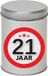 Merkloos Cadeau Snoepblik - 21 jaar verjaardag - 9 x 13 cm - Cadeauverpakking- metaal - met leeftijd sticker