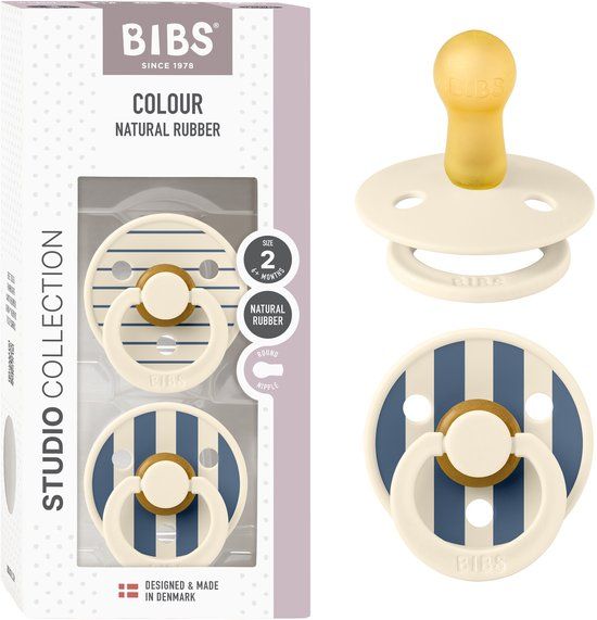 BIBS Colour Studio Speen verpakking van 2 stuks. BPA-vrij, Ronde speen. Natuurlijk rubberlatex, Gemaakt in Denemarken, Maat 2 (6-18 maanden), Pin Ivory Steel Blue