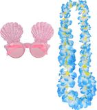 Merkloos Tropische Hawaii party accessoires set - schelpen zonnebril - en bloemenkrans blauw