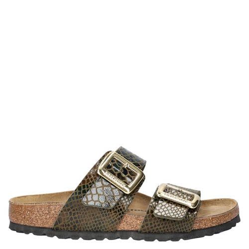Birkenstock Sydney Cushion Buckle slippers met slangenprint bruin