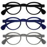 OPULIZE OCA Leesbrillen - 3-Pack - Modern Retro Rond Montuur - Zwart, Blauw, Grijs - Heren Dames - Veerscharnieren - RRR54-137 - +3.00