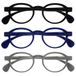 OPULIZE OCA Leesbrillen - 3-Pack - Modern Retro Rond Montuur - Zwart, Blauw, Grijs - Heren Dames - Veerscharnieren - RRR54-137 - +3.00