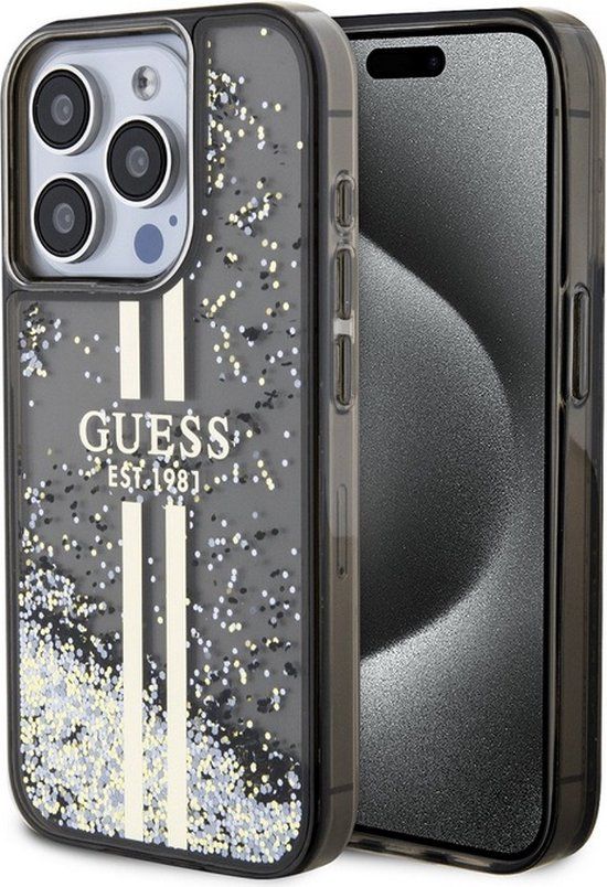 Guess Liquid Glitter Gold Stripe Back Case for Apple iPhone 15 Pro - Black