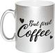 Bellatio Decorations Zilveren but first coffee cadeau mok / beker met hartjes - 330 ml - keramiek - koffiemok voor de koffieliefhebber
