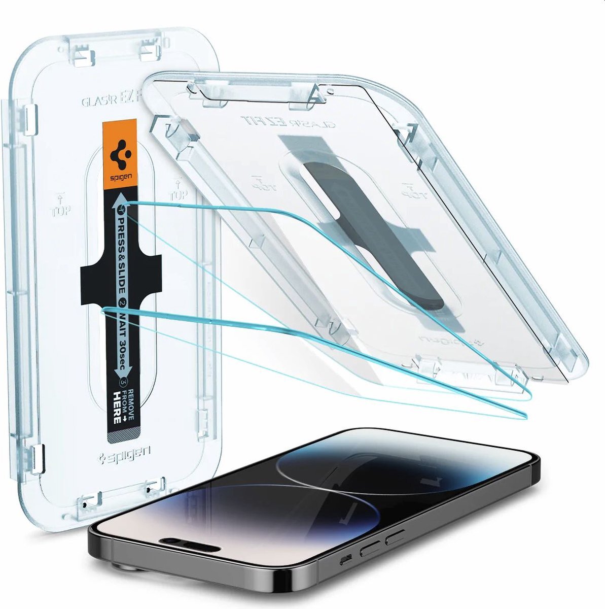 Spigen Glas.tR EZ Fit Screenprotector compatibel met iPhone 14 Pro Max, 2 stuks, met sjabloon voor installatie, Case friendly, 9H Gehard Glas