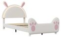 Lit pour enfant - Lit deux places - Tête de lit rembourrée en forme de tête de lapin - Éclairage LED - Sommier à lattes - Rangement sous le lit - 140 x 200 cm - Blanc