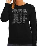 Bellatio Decorations Shoppartners Bv Glitter Super Juf sweater zwart met steentjes/ rhinestones voor dames - Lerares cadeau shirts - Glitter kleding/foute party outfit XL