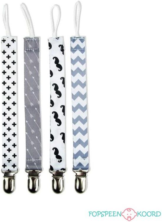 Fopspeenkoord.nl Set van 4 stuks fopspeenkoord Modern Accents - Zwart/Wit/Grijs