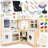Mamabrum Houten kinderkeuken 3+, interactief speelgoed XXXL kooktoestel met led-verlichting, koffiemachine en accessoires, pannen, groenteset en fruit, tot 50 stuks