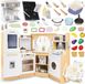 Mamabrum Cuisine pour enfants en bois 3+, cuisinière interactive XXXL avec éclairage LED, machine à café et accessoires, casseroles, set de légumes et fruits, jusqu'à 50 pièces