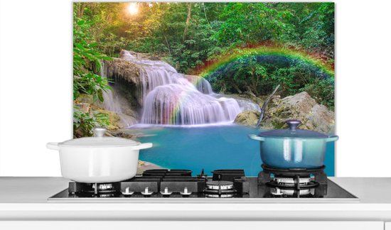 KitchenYeah Spatscherm keuken 80x55 cm - Kookplaat achterwand Regenboog - Zon - Waterval - Natuur - Muurbeschermer - Spatwand fornuis - Hoogwaardig aluminium