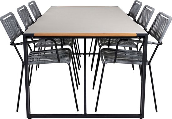 Hioshop Texas tuinmeubelset tafel 100x200cm en 6 stoel armleuningG Lindos zwart, naturel, grijs.