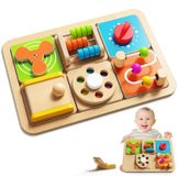 Busy board - Jouet Montessori 1 an - 6 activités - Jouet de voyage pour bébés et tout-petits - Tableau en bois avec carreaux mobiles