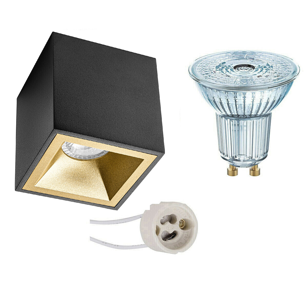 Osram Voordeelset - Opbouwspot Set - Parathom PAR16 930 36D - Pragmi Cliron Pro - GU10 Fitting - Dimbaar - Opbouw Vierkant - Mat Zwart/Goud - 3.7W - Warm Wit 3000K - Verdiept - 90mm