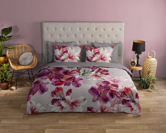 Good Morning Dekbedovertrek Bloemen - 2 Persoons - 200x200/220 cm - Grijs - 100% Katoen Renforce
