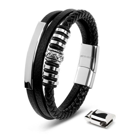 SERASAR Lederen Armband Heren [Shine] - Zilver 23cm