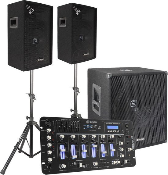 Skytec 2.1 complete DJ live set 1100 Watt met mixer en kabels