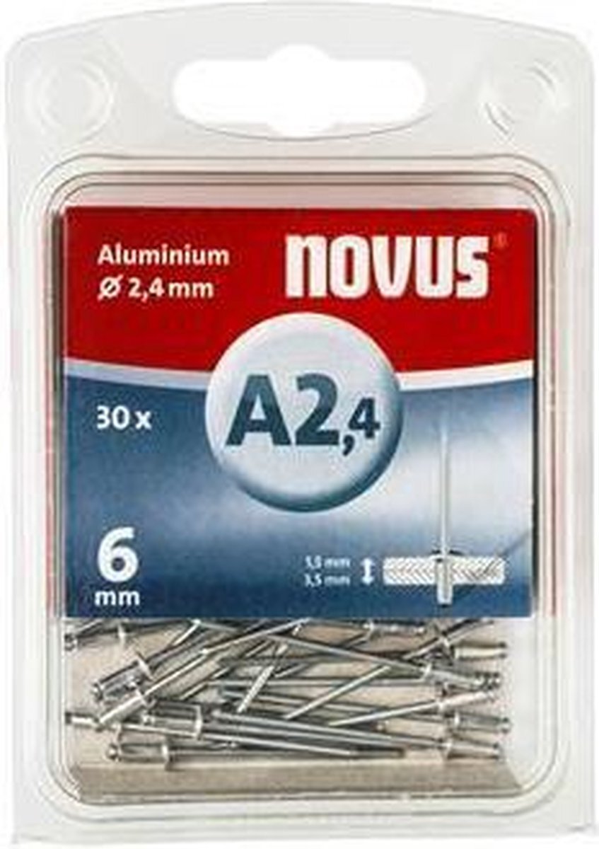 - Novus blindklinknagels Ø2,4 mm aluminium, 6 mm lengte, 30 klinknagels, 1,5-3,5 mm klemlengte, voor bevestiging van non-ferro metaal