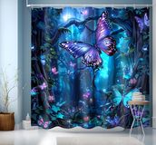 Paravent de douche bleu avec motif papillon et 12 crochets