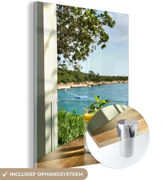 MuchoWow® Glass Painting 90x120 cm - Acrylic Glass Painting - Gin and Tonic on a Tropical Beach - Photo on Glass - Paintings