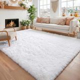 Amdrebio Wit vloerkleed voor slaapkamer, 10 x 15 cm, pluizig shag-tapijt voor woonkamer, nachtkastje tapijt voor kinderkamer, ruig vloerkleed voor kinderkamer, donzig pluche tapijt, wit tapijt
