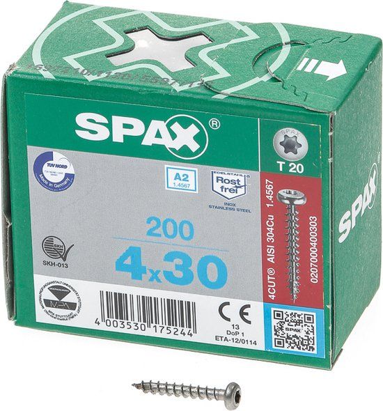 Spax Spaanplaatschroef cilinderkop RVS T-Star T20 4.0x30mm (200 stuks)