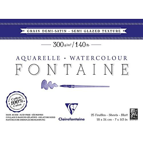 Clairefontaine 96405C Kleurblok Aquarelpapier Halfgesatineerd Fontaine/Hader 12 x 18 cm 25 Vellen 300 g Wit