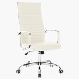 BAKAJI Ergonomische bureaustoel van leer met hoge rugleuning en lendensteun, in hoogte verstelbare gasdraaistoel en 360° draaibare wielen, basis 64,5 cm, verchroomd (beige)