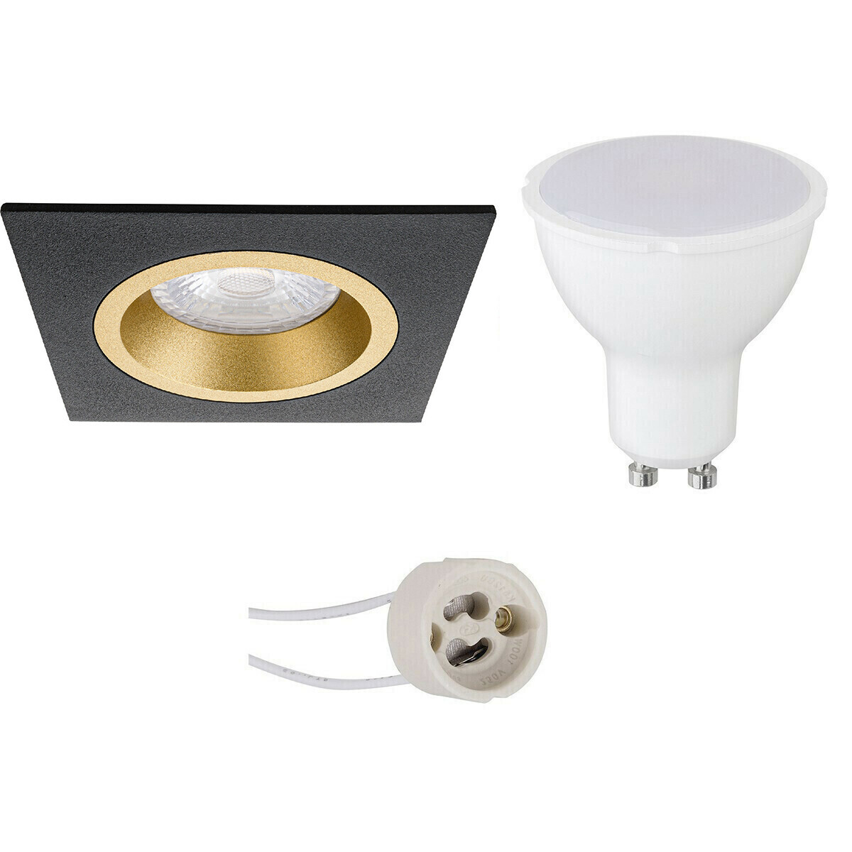 BES LED Voordeelset LED Spot Set - Aigi - Pragmi Rodos Pro - GU10 Fitting - Inbouw Vierkant - Mat Zwart/Goud - 8W - Warm Wit 3000K - 93mm