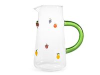 H&H, Kruik van borosilicaatglas, 1,6 l, met fruitige miniaturen, kersen, aardbeien, druiven, citroen, perzik, ananas, groen handvat, vaatwasmachinebestendig