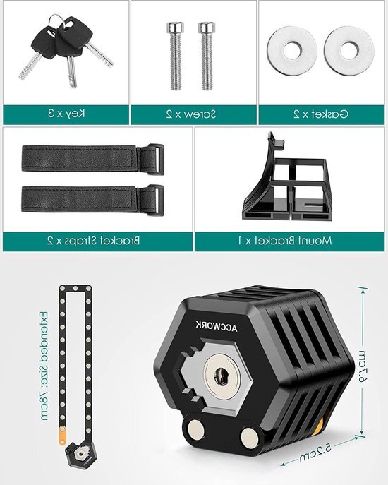 Fietsslot vouwslot met houder - Accwork sleutel en 3 sleutels e-scooterslot - mountainbike-racefiets-BMX-MTB 85 cm