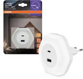 Osram LUNETTA HEXAGON plug-in nachtlamp, wit, 5W, 5lm, warm witte lichtsensor, USB-A & USB-C poort, LED technologie, oplaadfunctionaliteit, lange levensduur, IP20, 3000K.