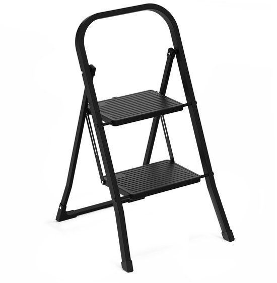 Brasq Huishoudtrap 2-treden zwart - keukentrap inklapbaar metaal voor Particulier en professioneel gebruik - Trap Ladder - Anti slip