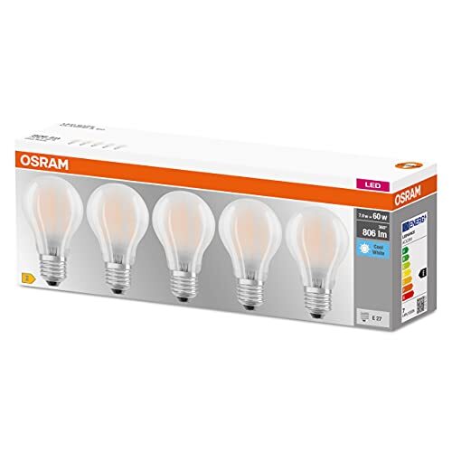 OSRAM Lamps OSRAM LED lamp, Voet: E27, Cool White, 4000 K, 7 W, vervanging voor 60 W gloeilamp, frosted, LED BASE CLASSIC A Pack van 5