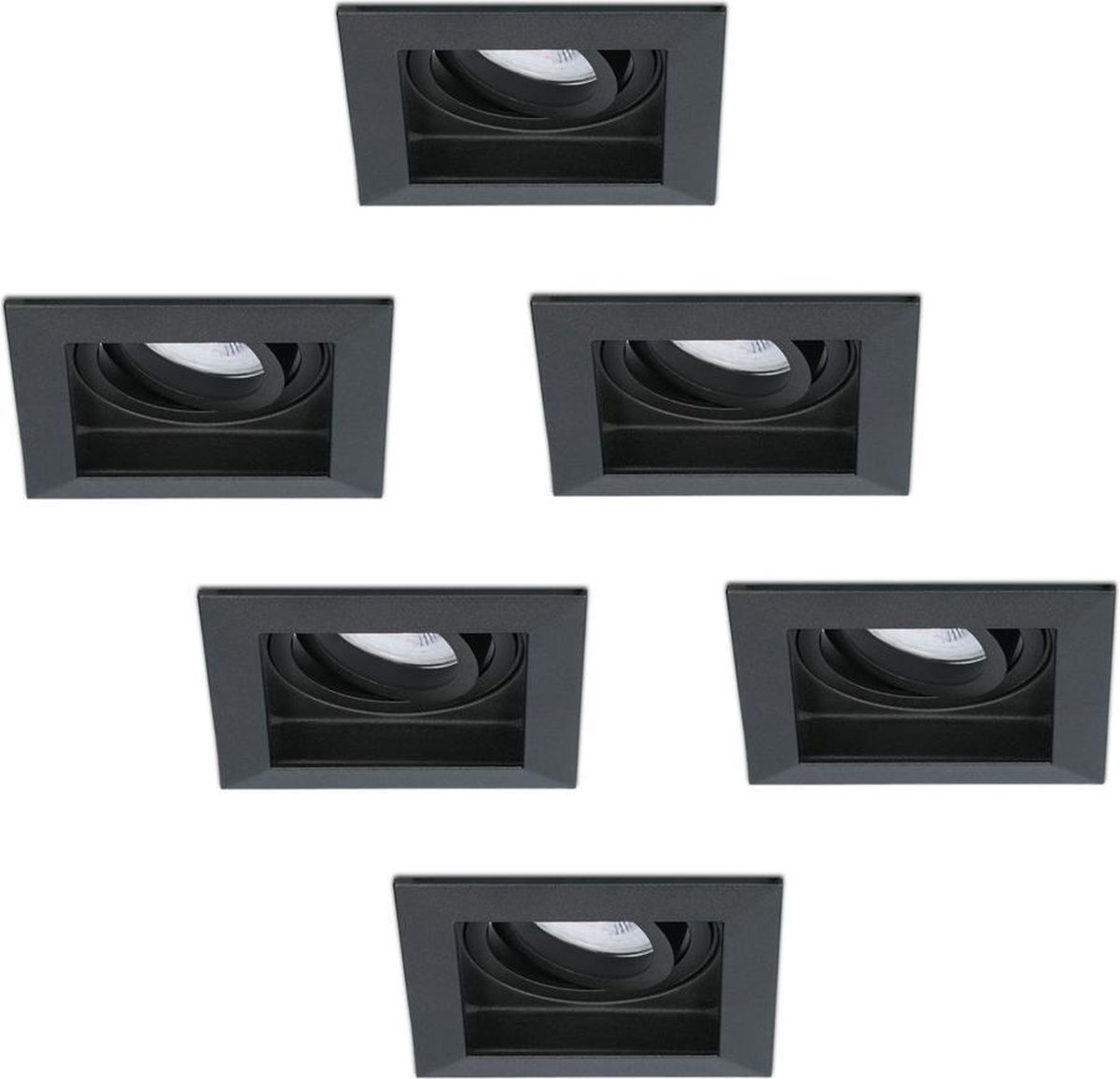 HOFTRONIC 6x Durham - Vierkante inbouwspot - LED - Zaagmaat 85x85mm - Zwart - Dimbaar - Kantelbaar - 5 Watt - 350 lumen - 230V - 6400K Daglicht wit - Verwisselbare GU10 - Plafondspots - Inbouwspot voor binnen -