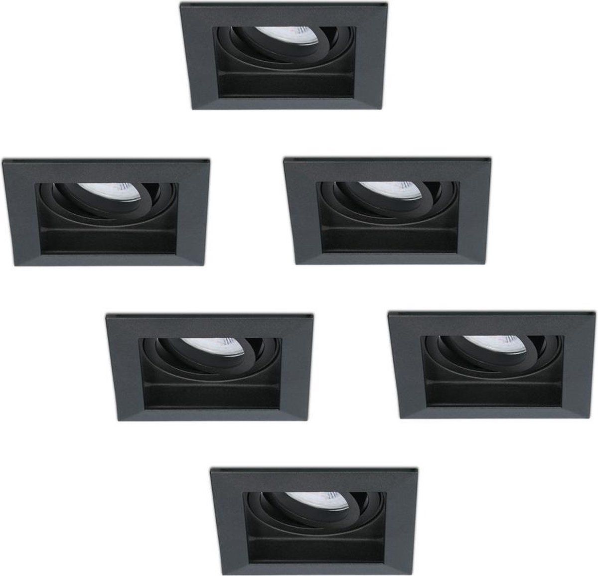 HOFTRONIC 6x Durham - Vierkante inbouwspot - LED - Zaagmaat 85x85mm - Zwart - Dimbaar - Kantelbaar - 5 Watt - 350 lumen - 230V - 6400K Daglicht wit - Verwisselbare GU10 - Plafondspots - Inbouwspot voor binnen