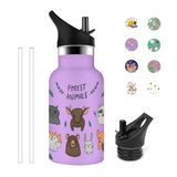 Grsta Drinkfles voor kinderen, 350 ml, thermosfles, kleine thermosfles, lekvrij, gepersonaliseerde thermosfles met hert, BPA-vrij, voor koude of warme dranken, paars