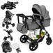 Poussette multifonctionnelle - Poussette combinée 3-en-1 - Pliable - Siège réversible - Adaptée aux terrains accidentés avec suspension - Protection UV - Revêtement en lin - Max. 20 kg - Gris