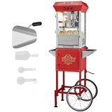 VEVOR Popcornmachine met wagen, 850 W, ketel voor 48 kopjes, gehard glas, 4 schepjes, bioscoopstijl, rood