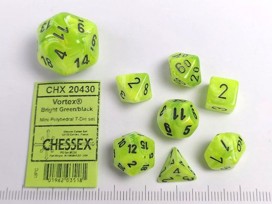 Chessex Vortex Mini-Polyhedral Heldergroen/Zwart Dobbelsteen Set (7 stuks)