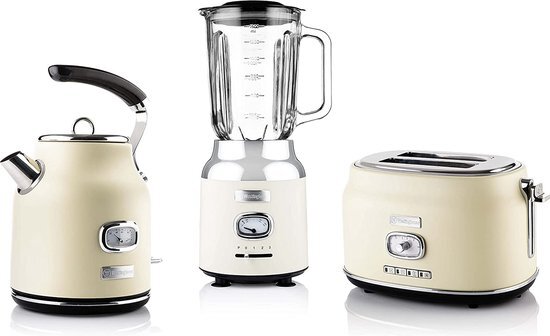 Westinghouse Retroline ontbijtset, wit, broodrooster, blender & waterkoker, 1,7 liter & kalkfilter, twee sleuven broodrooster met broodjesopzetstuk, blender met 3 snelheden