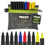 Tracer 2.0 Permanente Marker Kit met Case. 10 x Mixed Tip Size Marker Pennen - Meerdere kleuren, waaronder rode, blauwe, gele en zwarte pennen