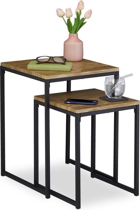 Relaxdays Salontafel Set van 2 - Industrieel Design - Vierkant - Metaal - Bruin/Zwart