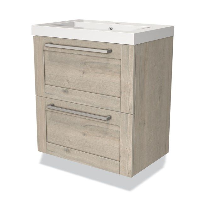 Maxaro Badkamermeubel 60cm Modulo Slim Lichtgrijs Eiken 2 Lades Kader Wastafel Mineraalmarmer