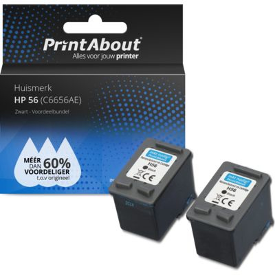 PrintAbout Huismerk HP 56 (C6656AE) Inktcartridge Zwart Voordeelbundel 2-pack
